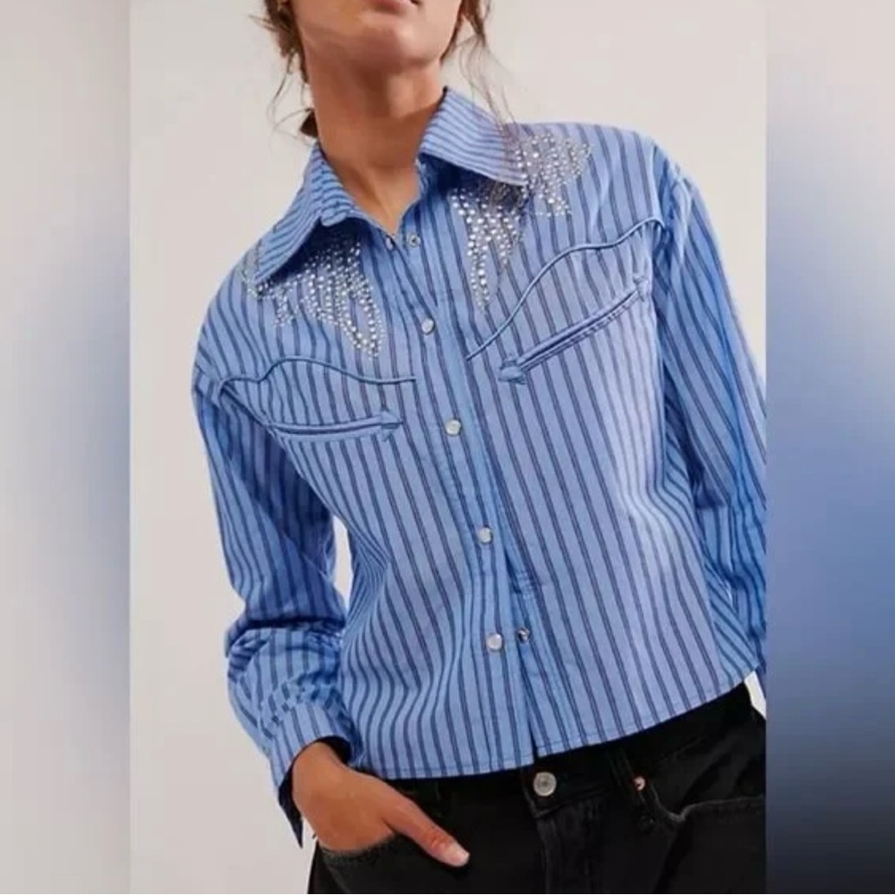 Free People Blue Striped Embellished Top